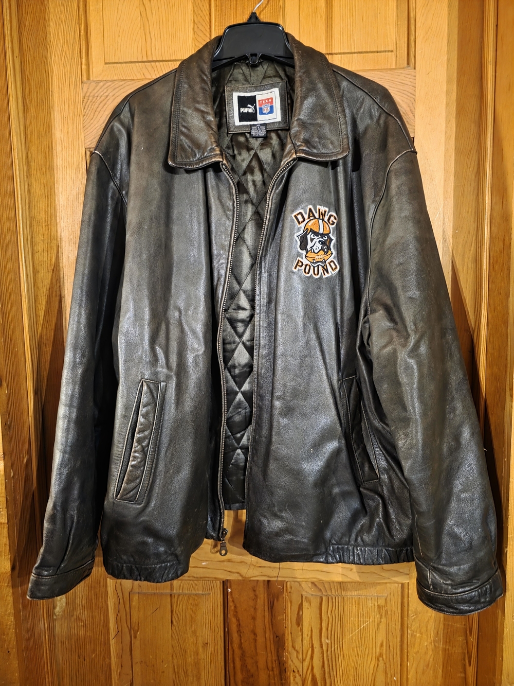 NFL Puma Black Leather Bomber Jacket with Dawg Pound Patch. Cleveland Browns